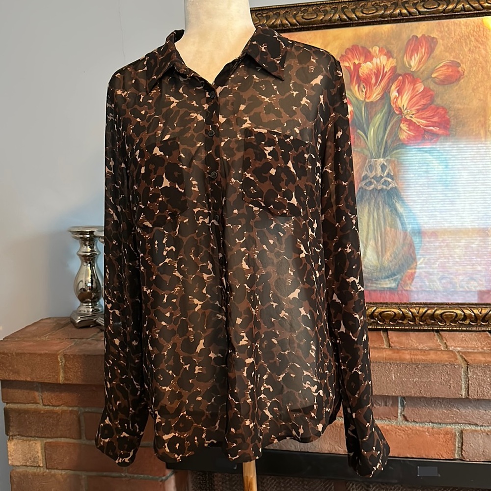 Guess Sheer Leopard Print Long Sleeve Button Down Women’s Shirt Size L